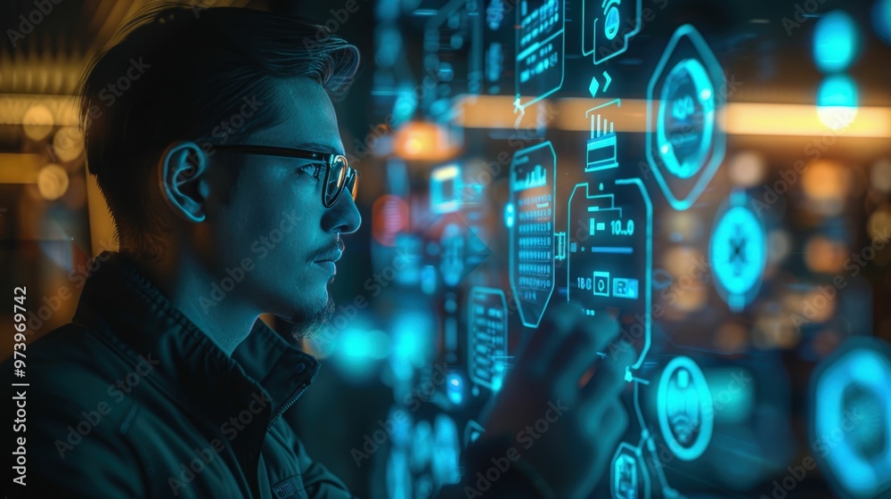 Cyberpunk Hacker: A man in futuristic glasses, immersed in a world of glowing, digital data, navigates a complex interface. Cyberpunk Hacker: A man in futuristic glasses, immersed in a world of glowing, digital data, navigates a complex interface.