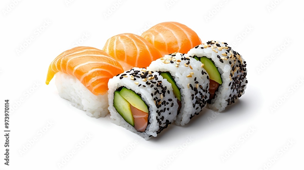 Exquisite Sushi Roll with Cucumber, Avocado, and Salmon on White Background with Clear Lighting and Sharp Focus Exquisite Sushi Roll with Cucumber, Avocado, and Salmon on White Background with Clear Lighting and Sharp Focus