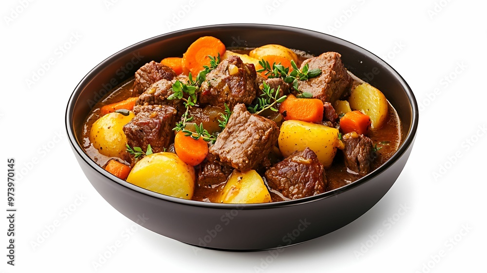 Delicious Hearty Beef Stew with Carrots, Potatoes, and Fresh Herbs on White Background, Enhanced Clarity and Detail in Sharp Focus Delicious Hearty Beef Stew with Carrots, Potatoes, and Fresh Herbs on White Background, Enhanced Clarity and Detail in Sharp Focus