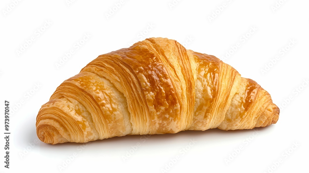 Delectable Classic French Croissant on White Background with Flaky Layers and Golden Brown Crust in Clear Light and Sharp Focus Delectable Classic French Croissant on White Background with Flaky Layers and Golden Brown Crust in Clear Light and Sharp Focus
