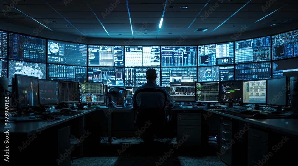 Command Center Guardian: A lone figure monitors a wall of glowing screens in a high-tech control room, the epitome of cybersecurity and data analysis. Command Center Guardian: A lone figure monitors a wall of glowing screens in a high-tech control room, the epitome of cybersecurity and data analysis.