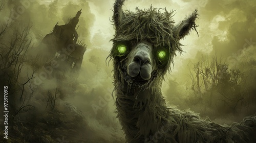 A mystical creature resembling a llama, shrouded in fog with glowing eyes, set against an eerie backdrop of a haunted house. photo