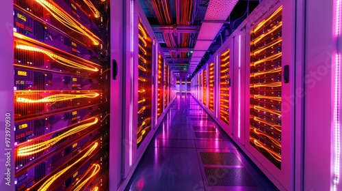 Data Center Corridor: A mesmerizing perspective of a data center corridor with vibrant, pulsing lights illuminating rows of servers, highlighting the heart of digital infrastructure. 