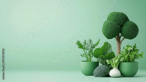 Earthy-toned banner with trees and vegetables growing together, highlighting vegetarianism as a way to nurture the environment, World Vegetarian Day