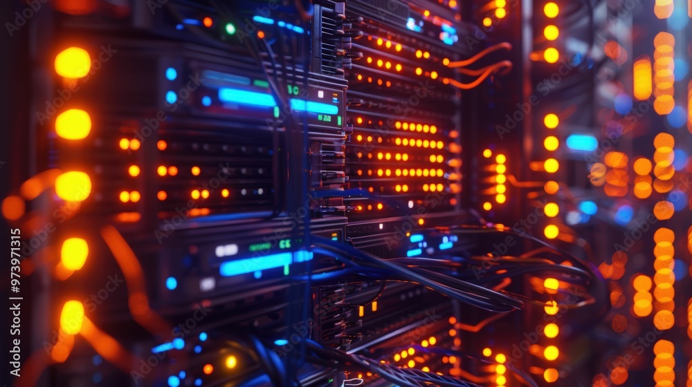 Obraz premium Data Center Power: A close-up of a server rack, showcasing the intricate network of cables and glowing lights, symbolizing the constant flow of information and the heart of modern technology. 