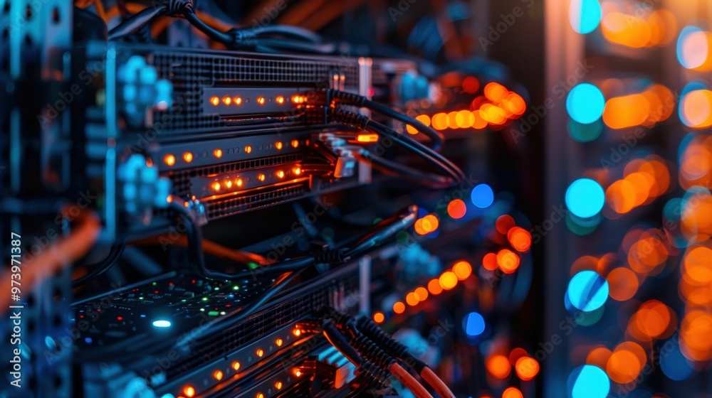 Digital Brain in Action: A close-up on the vibrant circuitry of a server rack, pulsating with data and illuminating the future of technology. Digital Brain in Action: A close-up on the vibrant circuitry of a server rack, pulsating with data and illuminating the future of technology.