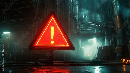 A striking red warning sign in a dark, industrial environment, highlighting caution and danger in a foggy atmosphere.