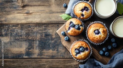 Above view with copyspace of freshly made blueberry muffins in a rustic environment with milk and coffee on the table