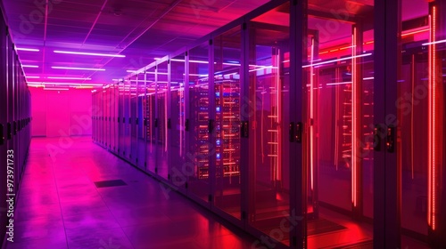 Neon Server Room: A mesmerizing view down a futuristic server room bathed in vibrant neon light. The rows of powerful servers hum with digital energy, creating a captivating atmosphere.