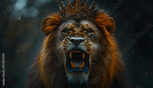 “A Roaring Lion Wearing a Crown, Featured as a Movie Still from a Dramatic Film Scene, Embodying Power, Royalty, and the Majestic Nature of the Animal Kingdom, Perfect for Depicting Themes of Strength