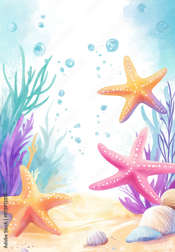 Seabed ocean coral shells seaweed starfish white illustration background Seabed ocean coral shells seaweed starfish white illustration background
