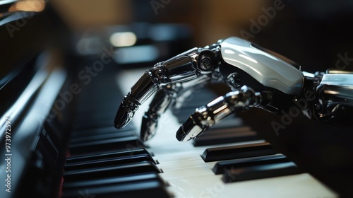 Futuristic Piano Lesson: Robot and Human Instructor in Modern Studio Setting with Soft Lighting