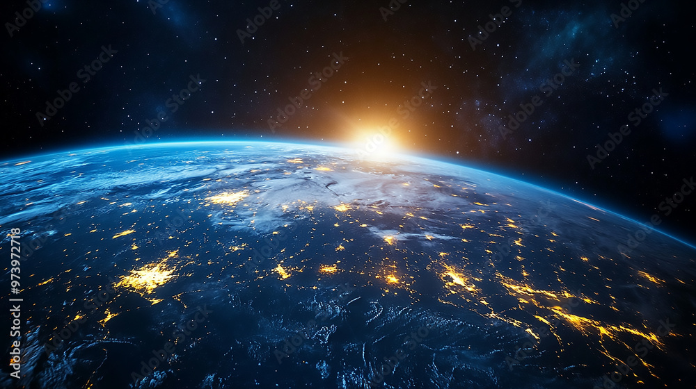 Fototapeta premium This image depicts the breathtaking view of the sunrise over Sunrise over planet Earth