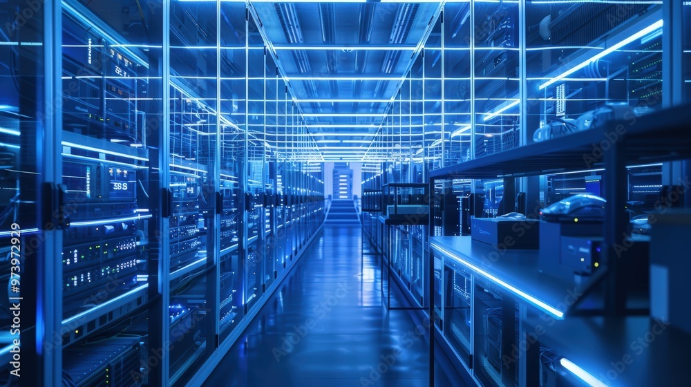 Blue Neon Server Room: A futuristic, neon-lit server room with rows of powerful servers, showcasing the heart of a modern data center. A visually captivating image representing the power and efficien Blue Neon Server Room: A futuristic, neon-lit server room with rows of powerful servers, showcasing the heart of a modern data center. A visually captivating image representing the power and efficien