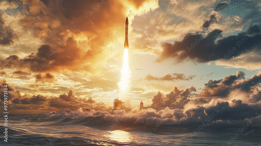 Obraz premium A breathtaking rocket launch against a stunning sunset sky, symbolizing innovation and exploration over the ocean waves.