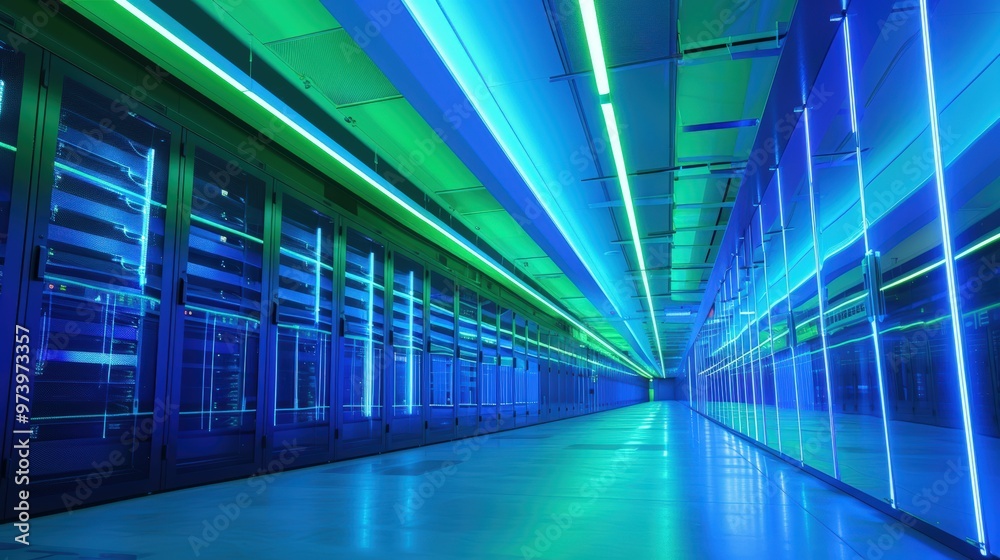 Data Center Corridor: A futuristic hallway lined with gleaming server racks, bathed in vibrant blue and green lights. The image evokes a sense of technology, innovation, and the endless possibilities. Data Center Corridor: A futuristic hallway lined with gleaming server racks, bathed in vibrant blue and green lights. The image evokes a sense of technology, innovation, and the endless possibilities.