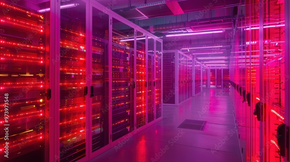 Fototapeta premium Neon Data Center: Rows of glowing servers power the digital age in a vibrant server room bathed in pink and red light. 