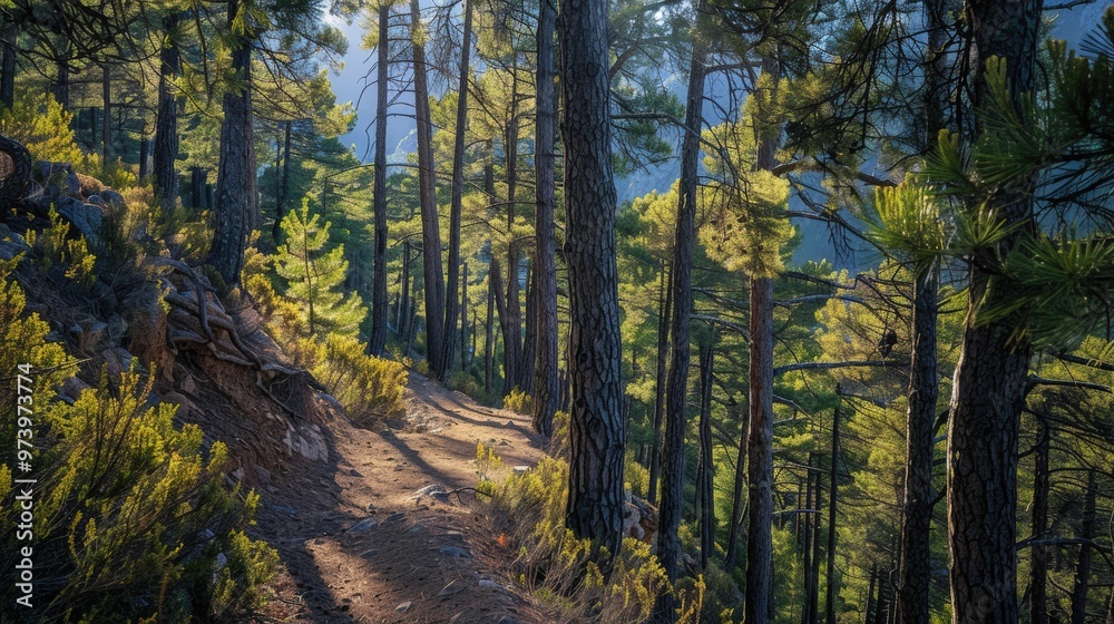 Sun-Dappled Forest Path: A tranquil forest path winds its way through a majestic stand of towering pines, bathed in the warm glow of the setting sun, evoking a sense of peace and tranquility. Sun-Dappled Forest Path: A tranquil forest path winds its way through a majestic stand of towering pines, bathed in the warm glow of the setting sun, evoking a sense of peace and tranquility.