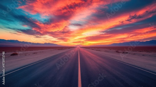 Endless desert highway stretching into the horizon at sunset, with a dramatic cloudscape and vibrant colors, capturing the spirit of a road trip adventure