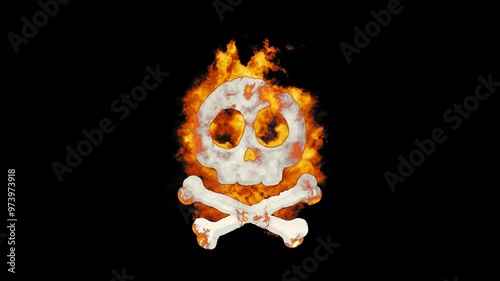 Burning Skull. Fire Effect Animation on Transparent Background Isolated 4K Video. Visual Effects and Motion Graphics Element.