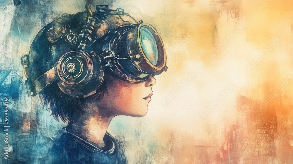 A young boy wearing futuristic goggles, exploring a world of imagination and creativity in a vibrant, colorful setting. A young boy wearing futuristic goggles, exploring a world of imagination and creativity in a vibrant, colorful setting.