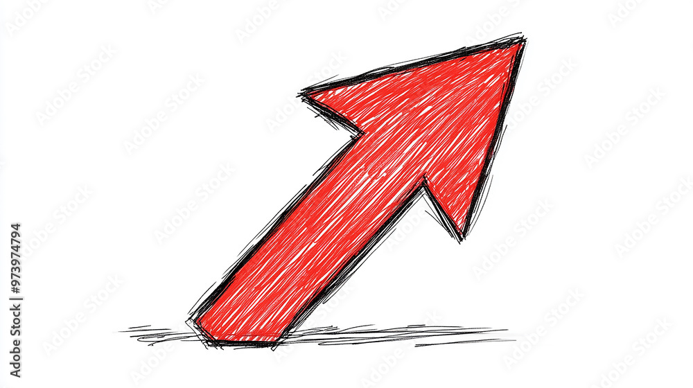 simple red arrow drawn with marker on a white background, the curved ...