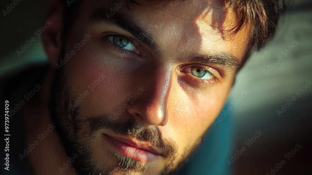 A close-up portrait of a young man with striking blue eyes and a well-groomed beard, captured in warm natural light. A close-up portrait of a young man with striking blue eyes and a well-groomed beard, captured in warm natural light.