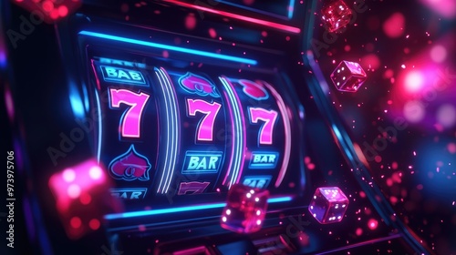 Jackpot symbols aligned on a casino slot machine reel, with neon lights and sparkling effects highlighting the thrill of gambling