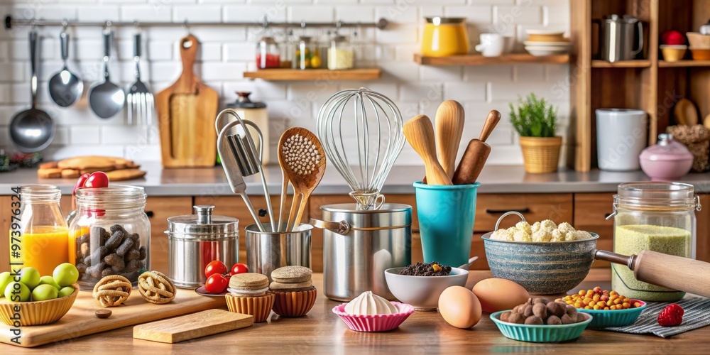 Assortment of high-quality baking utensils and gadgets from reputable manufacturers sit organized on a tidy kitchen Assortment of high-quality baking utensils and gadgets from reputable manufacturers sit organized on a tidy kitchen