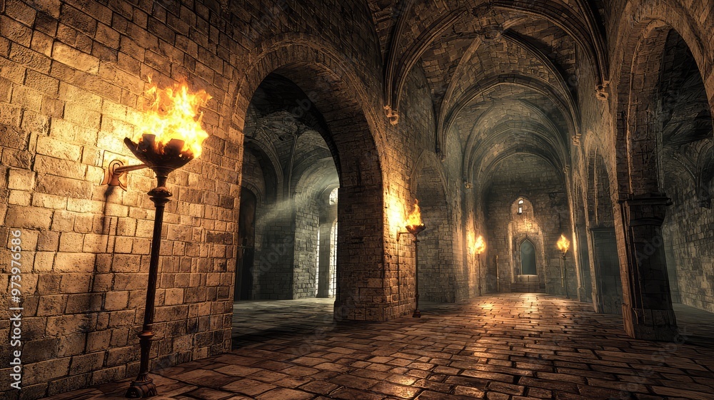 Obraz premium A dimly lit stone corridor with arches and torches, creating an atmospheric medieval setting for fantasy themes.