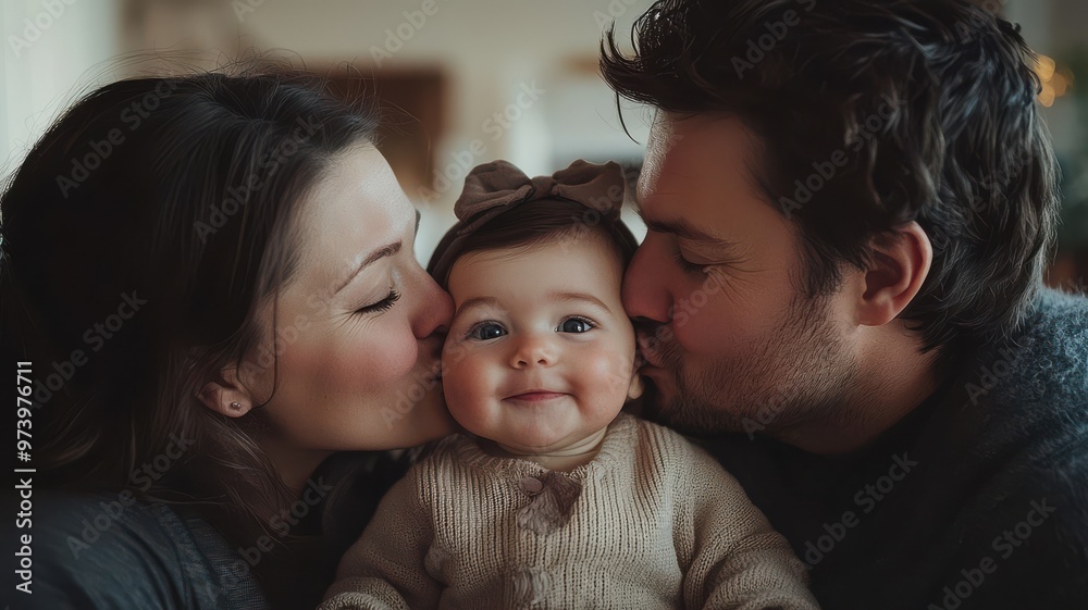 A heartwarming family moment with parents kissing their smiling baby, showcasing love and togetherness in a cozy setting. A heartwarming family moment with parents kissing their smiling baby, showcasing love and togetherness in a cozy setting.