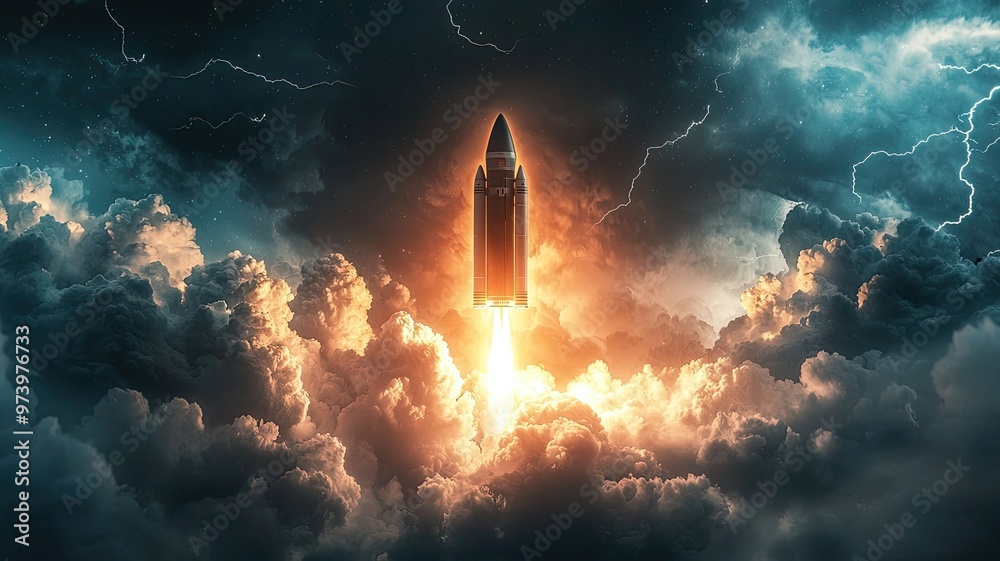 Obraz premium A dramatic rocket launch amidst stormy clouds and lightning, symbolizing exploration and the spirit of adventure.