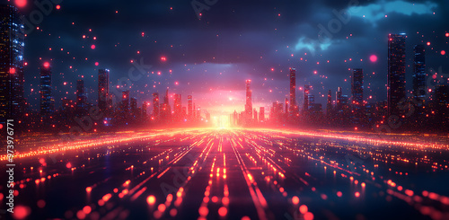 “Futuristic Cityscape with High-Speed Data Transfer Lines Illuminating the Skyline, Showcasing Advanced Technology, Smart Cities, and Digital Connectivity, Perfect for Depicting Innovation, Network In #973976771