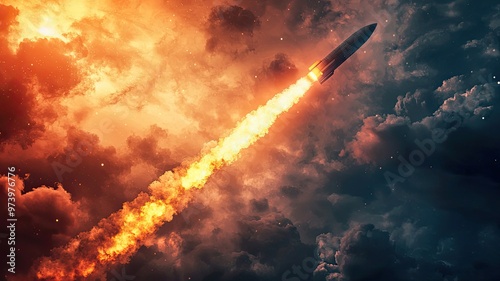 A dramatic rocket launch piercing through fiery clouds, symbolizing innovation, exploration, and the power of technology.