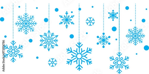crismastMerry Christmas and New Year festive design with border made of beautiful snoflakes in modern line art style. winter with falling snow. Christmas decoration. Vector illustration