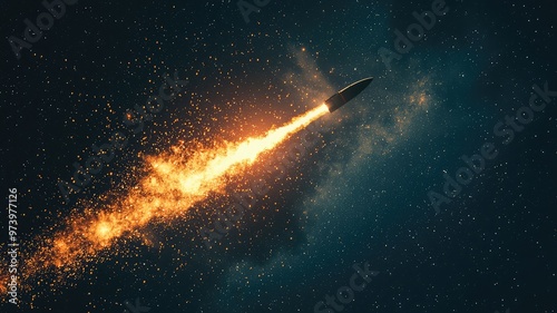 Wallpaper Mural A dynamic rocket launching through space, leaving a trail of fiery sparks against a starry backdrop. Torontodigital.ca