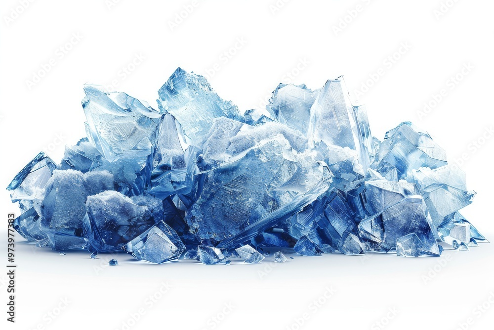 High-resolution pile of light blue ice crystals with transparent background and white space in the middle, front view, PNG format.