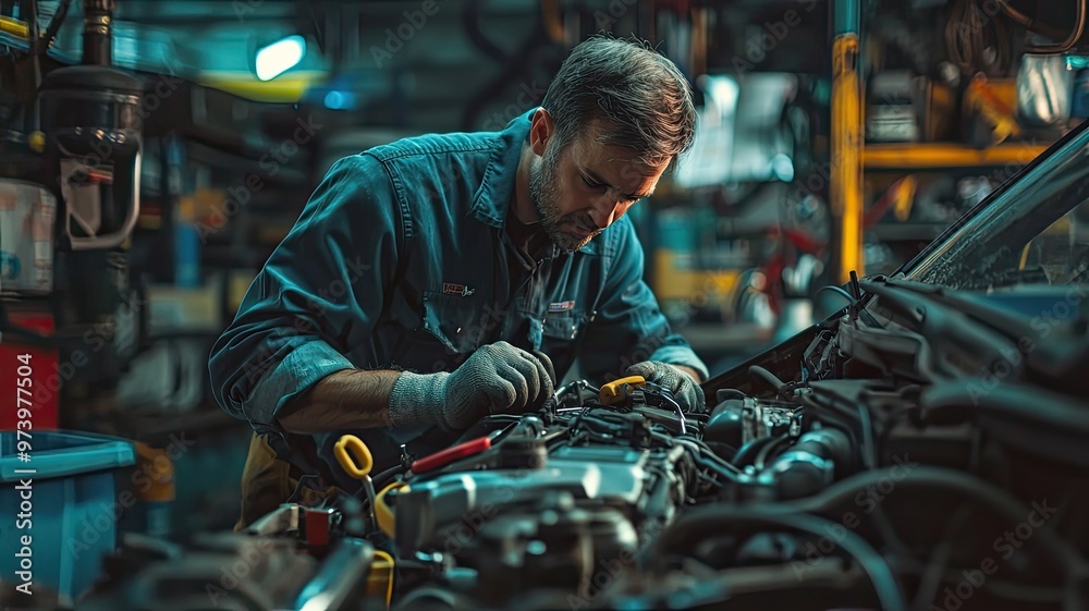 A focused mechanic working on an engine, showcasing skilled craftsmanship in an organized garage environment. A focused mechanic working on an engine, showcasing skilled craftsmanship in an organized garage environment.