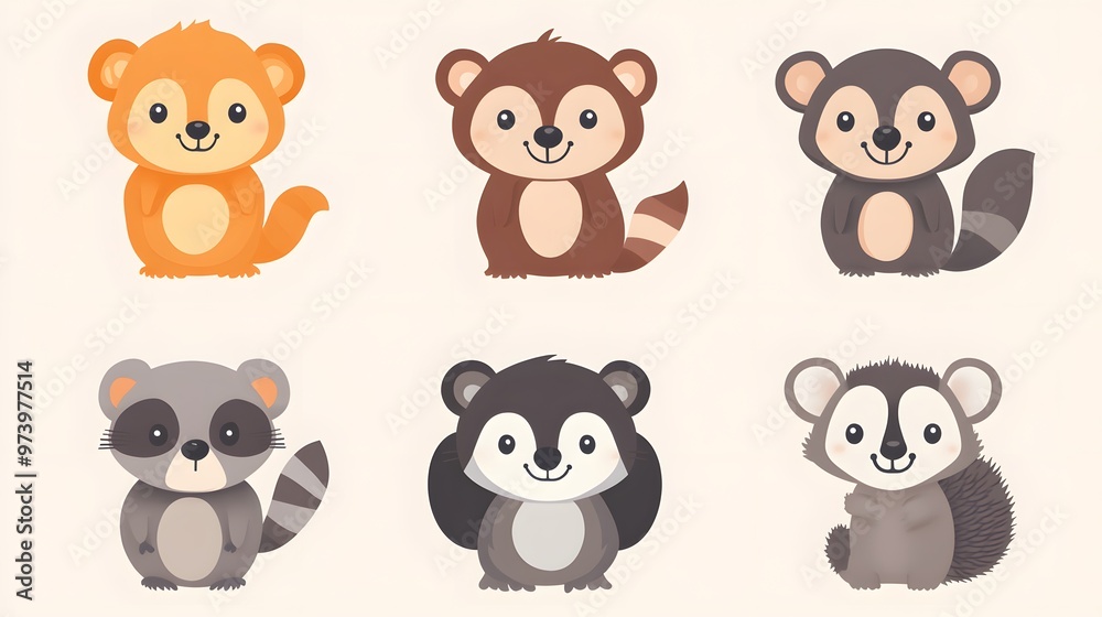 Six Cartoon Animals Smiling Against a White Background Six Cartoon Animals Smiling Against a White Background
