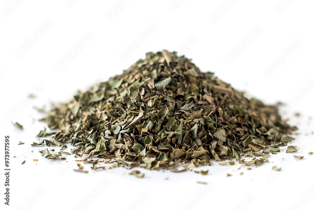 Heap of dried oregano leaves isolated on white background. Heap of dried oregano leaves isolated on white background.
