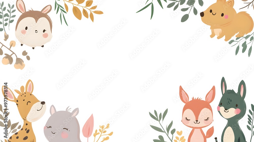 Adorable Cartoon Animals Surrounded by Leaves and Flowers