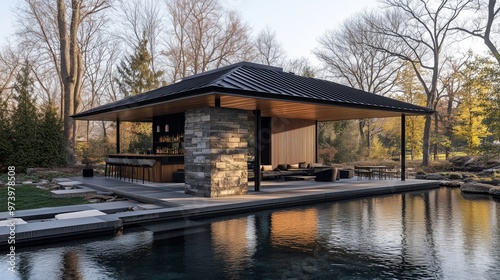 A modernist bar pavilion with an open concept interior, situated on the edge of a lake