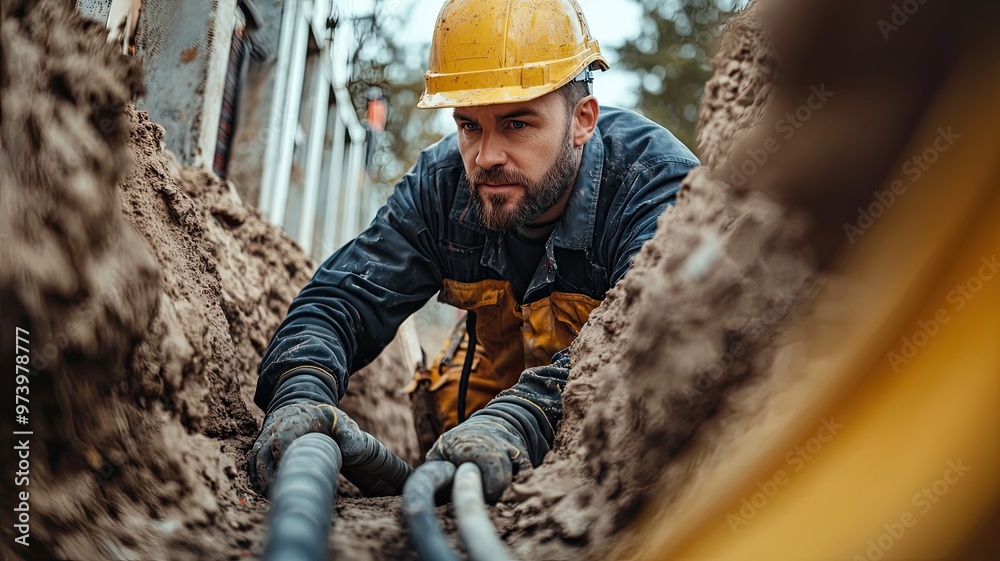 A hard-working construction worker installs cables in a trench, showcasing dedication and skilled labor in an outdoor environment.