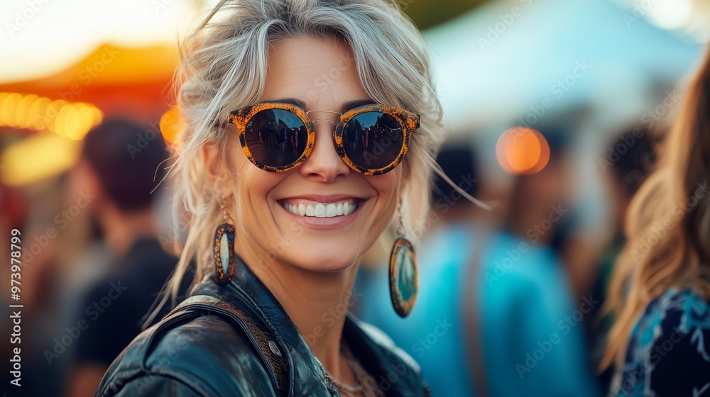 A smiling middle-aged woman at a music festival, wearing a leather jacket and sunglasses, surrounded by other people dressed in bohemian style A smiling middle-aged woman at a music festival, wearing a leather jacket and sunglasses, surrounded by other people dressed in bohemian style