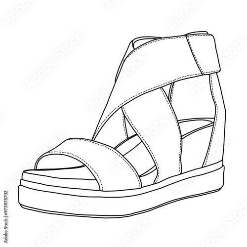 Shoes Women's Wedge Sandal with ankle strap Line art,Technical sketch hand drawing outline vector doodle illustration 3D isometric view isolated on white background