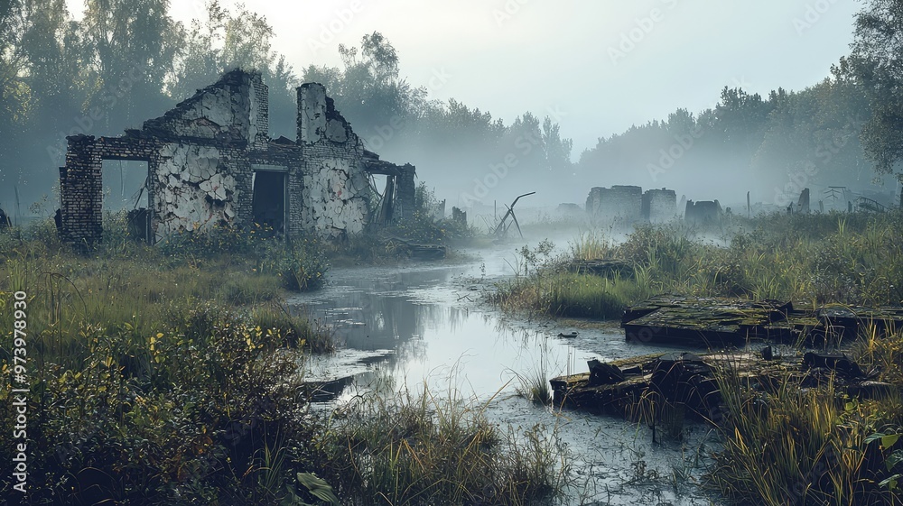 Fototapeta premium A haunting view of an abandoned building surrounded by mist and overgrown vegetation, evoking mystery and nostalgia.