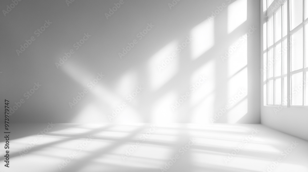Obraz premium White studio backdrop for presenting products with gray room and window shadows for a blurred background display.