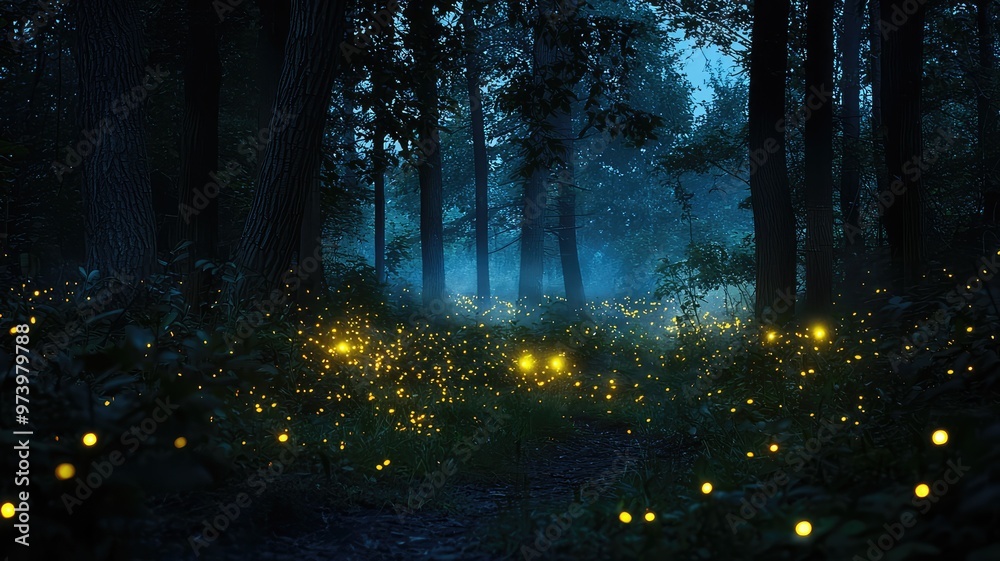 Fototapeta premium A magical forest illuminated by glowing fireflies at twilight, creating a serene and enchanting atmosphere among the trees.