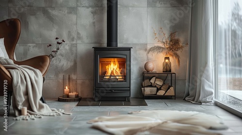 Raimond stove in black with glass front and wood rack in an elegant room, next to a decorative side table, with grey tiled walls and warm glow from a large window. photo