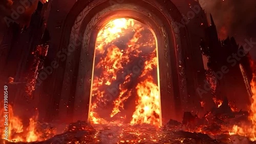 Hell's gate with eerie red glow, tormented souls, and fire, dramatic scene,